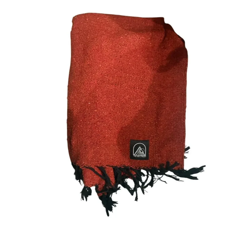 Tribe + True Handwoven Blanket Rust Terracotta Black Fringe Mexican Artisan